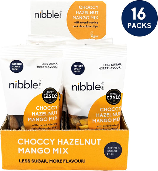 Nibble Simply Choccy Hazelnut Mango Mix With 81% Cocoa Mass Dark Chocolate Chips | Trail Mix | No Ultra-Processed Ingredients | No Refined Sugar