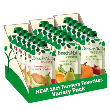 Beech-Nut Baby Food Pouches Variety Pack, New Farmer'S Favorites Fruit & Veggie Purees Variety Pack, 3.5 Oz (18 Pack)