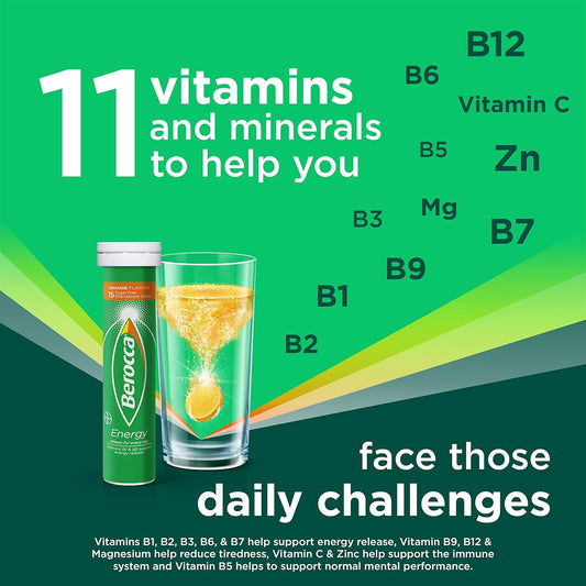 Berocca Vitamin C Effervescent Tablets, With Magnesium, Vitamin B12 & Vitamin B Complex, Orange Flavour, 2 Pack Of 45 Tablets - 6 Weeks Supply