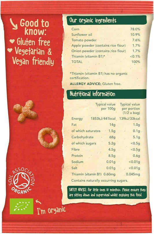 Organix Saucy Tomato Noughts & Crosses, Organic Toddler Snack, Corn Puffs, 10+ Months, Multipack, 4 X 15 G Bags Per Pack (3 Packs Total)