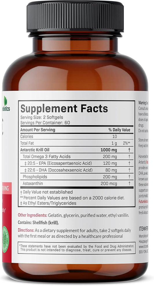 Futurebiotics Antarctic Krill Oil 1000Mg With Omega-3S Epa, Dha, Astaxanthin And Phospholipids - Premium Krill Oil Heavy Metal Tested, Non Gmo ā 120 Softgels (60 Servings)