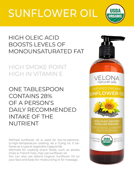 velona USDA Certified Organic Sunflower Oil - 16 oz | 100% Pure and Natural Carrier Oil | High Oleic, Refined, Cold Pressed | Cooking, Skin, Hair, Body & Face Moisturizing
