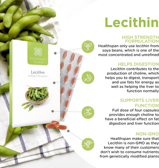Healthspan Lecithin 1,200Mg (2 Months' Supply) | Beneficial Effect On Fat Digestion & Liver Function | Non-Gmo & Natural Soy Bean Source | High Strength Formulation