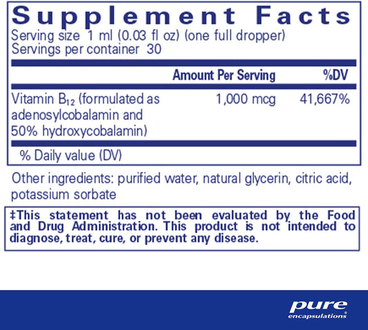 Pure Encapsulations Adenosyl/Hydroxy B12 Liquid 30 Ml - Supports Energy Metabolism & Neurological Health* - For Brain Support* - Gluten Free - Vegan - 1 Fl Oz