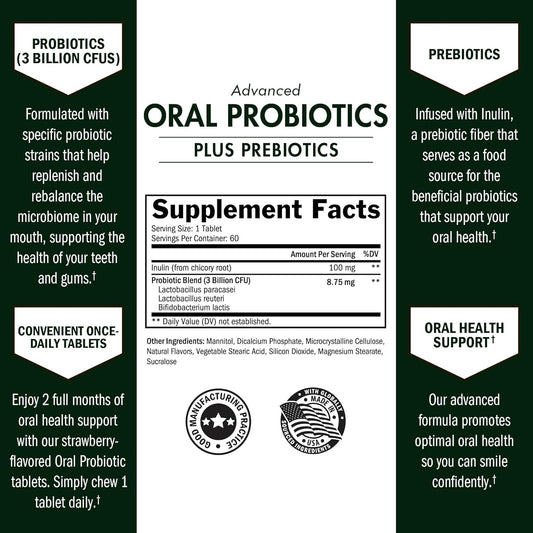 Oral Probiotics Supplement With Prebiotics - Supports Healthy Teeth Gums Mouth And Fresh Odorless Breath For Adults - Strawberry Flavored Chewable Dental Probiotic (60 Tablets, 60 Day Supply)