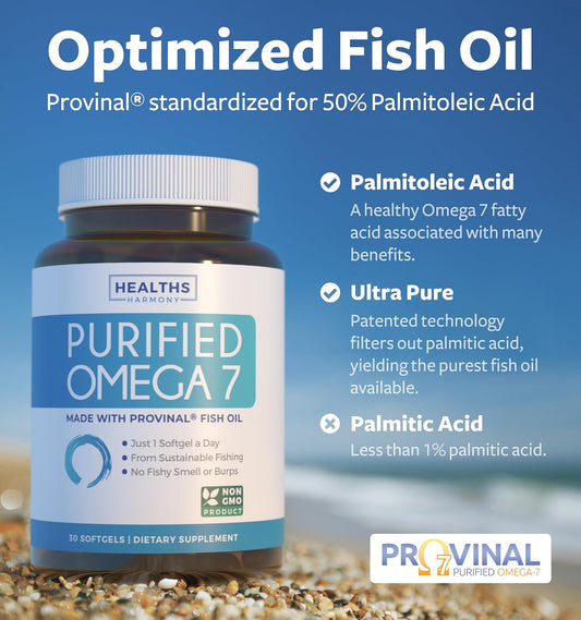 Omega 7 Supplement For Women And Men - High Potency & Purity Palmitoleic Acid Fatty Acid Fish Oil Supplement From Patented Provinal With Lowest Palmitic Acid - Sustainably Sourced (2 Month Supply)