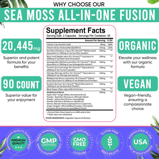 Sea Moss Black Seed Oil Ashwagandha Ginger Capsules. Sea Moss Capsules With Black Seed Oil, Ashwagandha, Turmeric, Moringa, Bladderwrack, Burdock Root, Manuka Honey, Cinnamon. 18-In-1 20’445 Mg/Serv