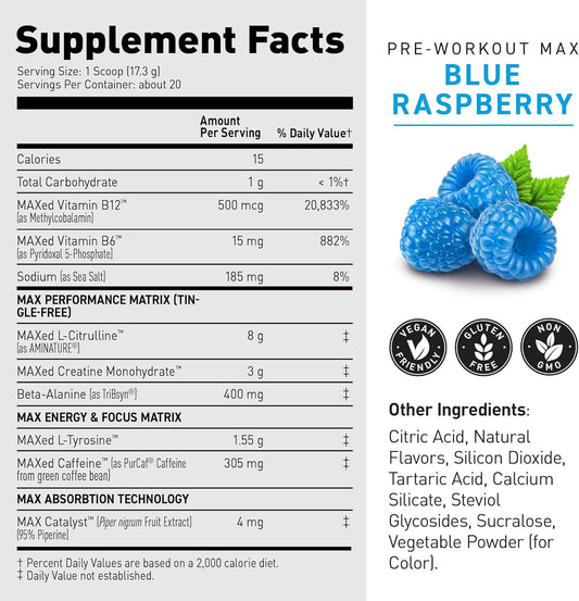 Kaged Pre-Workout Max | Blue Raspberry | Tingle Free, High Stim Pre Workout Powder | Organic Caffeine, Creatine Monohydrate, L-Citrulline | Maxcatalyst For Absorption | For Men And Women | 20 Servings
