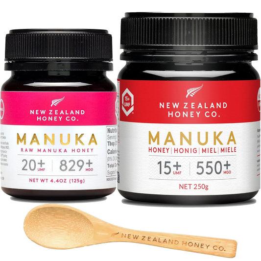 Manuka Honey Immu. Bundle - New Zealand Honey Co. Umf 15+ 8.8Oz | Umf 20+ 4.4Oz | Bamboo Spoon : Grocery & Gourmet Food