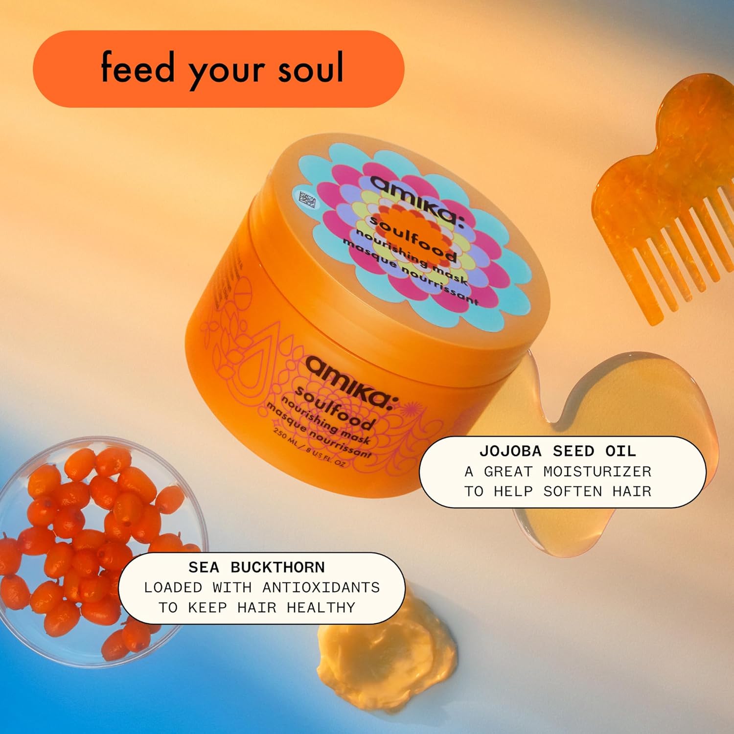 Amika Soulfood Nourishing Hair Mask - Hydrating Hair Care For Dry, Damaged Strands - Lightweight Deep Conditioner Enriched With Jojoba Seed Oil + Seabuckthorn - Restores Softness + Shine (250 Ml)