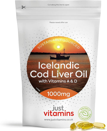 Icelandic Cod Liver Oil 1000mg, x90 Capsules of High Strength Fish Oil with Vitamin A & D. Rich in Omega 3. Supports Heart Health, Brain Health, Eye Health UK Made