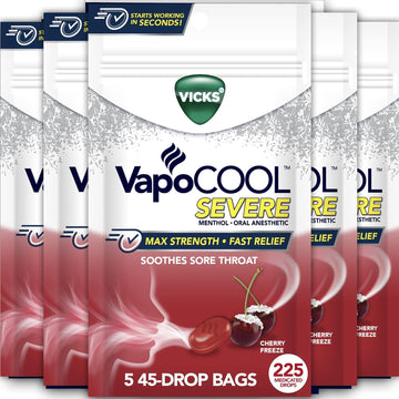 Vicks Vapocool Severe Medicated Sore Throat Drops, Fast-Acting Max Strength Relief, Soothes Sore Throat Pain Caused By Cough, Powerful Vicks Vapors, Menthol, Cherry Noze Flavor, 225Ct (5 45Ct Packs)