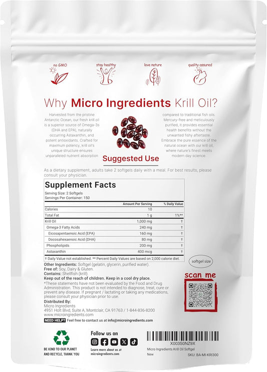 Micro Ingredients Antarctic Krill Oil Supplement, 1000Mg Per Serving, 300 Soft-Gels, Rich In Omega-3S Epa, Dha & Natural Astaxanthin, Supports Immune System & Brain Health, Easy To Swallow