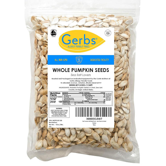 Pumpkin Seeds In-Shell Whole Roasted Heavy Sea Salt By Gerbs - 2 Lbs Premium Grade Aa Pepitas - Top 10 Food Allergen Free - Vegan & Kosher - Seed Country Of Origin Usa - Made In Rhode Island