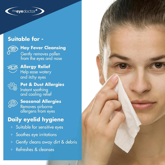 The Eye Doctor Hay Fever Relief Eyelid Wipes - 80X Single Use Eye Wipes For Allergy & Hayfever - Inflammation, Watery Itchy Eyes, Headaches & Migraines - Cooling Soothing Relief