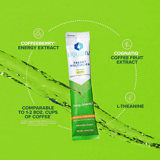 Liquid I.V. Hydration + Energy Multiplier - Mango Tamarind - Hydration Powder Packets | Electrolyte Powder Drink Mix | Easy Open Single-Serving Servings | Non-Gmo | 3 Pack (42 Servings)