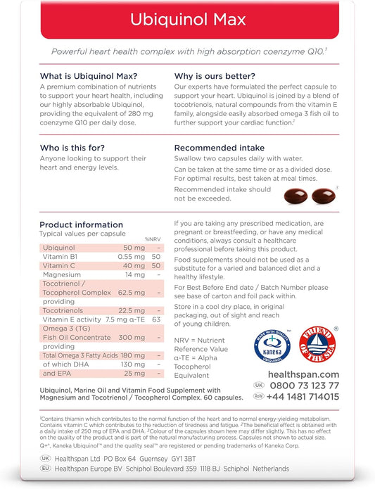 Healthspan Ubiquinol Max | 60 Capsules | With Vitamin C & Vitamin B1 | Tocotrienol Complex | Omega 3 Fish Oil | 280Mg Coq10
