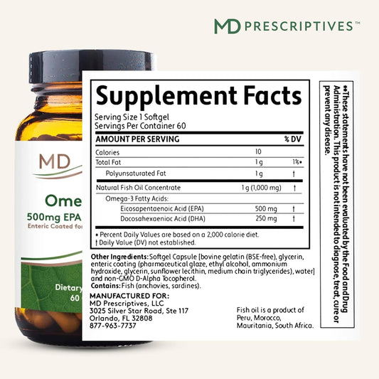 Omega Md Supplement - 500 Epa & 250 Dha Omega 3 Fish Oil - Supports Brain Health & Joints* - No Fishy Smell - 60 Softgels