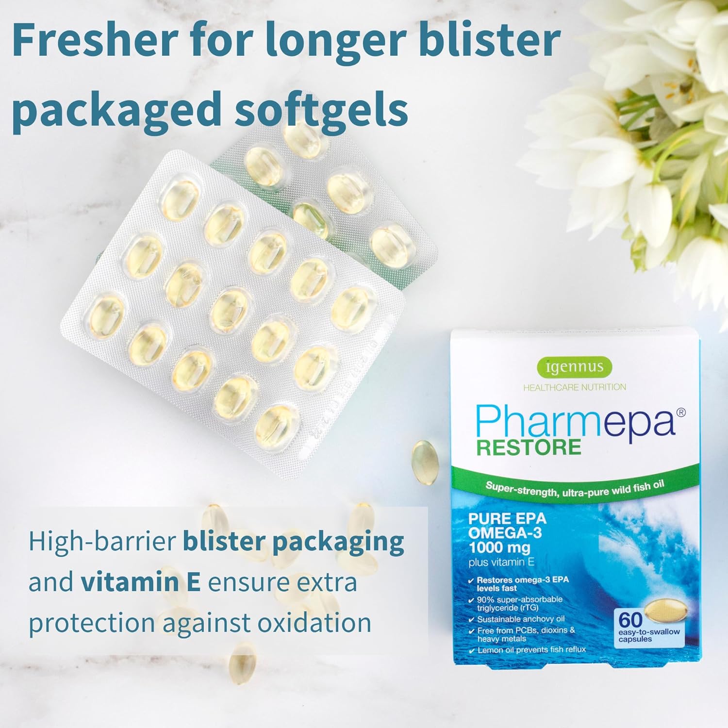 Pharmepa Restore, 1000mg Pure EPA Fish Oil, High Absorption rTG Omega-3, Triple Strength, Wild & Sustainable, Lemon Flavor, 1-Month Supply, 60 Softgels : Health & Household