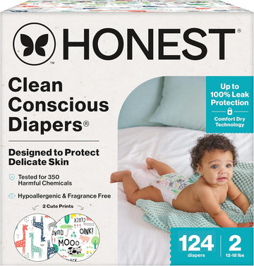 The Honest Company Clean Conscious Diapers For Delicate Skin | Up To 100% Leakproof | Hypoallergenic, Fragrance Free | Gender Neutral | Super Club Box, Size 2 (12-18 Lbs), 124 Count (Prints May Vary)