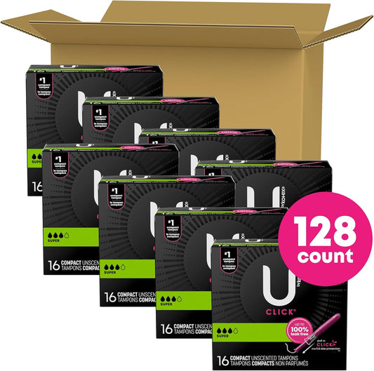 U By Kotex Click Compact Tampons, Super Absorbency, Unscented, 128 Count (8 Packs Of 16) (Packaging May Vary)