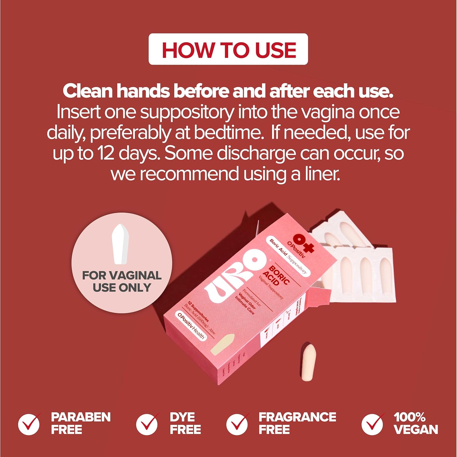 Uro Boric Acid Vaginal Suppository – With Lactic Acid, And Aloe For Fast Relief And Vaginal Odor Control – Vegan, Free From Parabens, Dyes, And Fragrances – 12 Count (Pack Of 1)