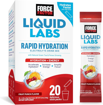 Force Factor Liquid Labs Energy Drink, Electrolytes Powder, Hydration Packets To Boost Energy & Focus, 5 Essential Electrolytes, Vitamins, Minerals, & Antioxidants, Fruit Punch Flavor, 20 Stick Packs
