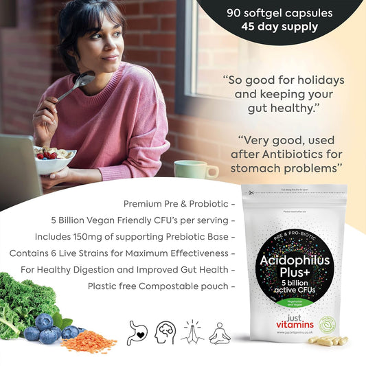Acidophilus Plus+ Pre & Probiotic Bio Cultures Complex 90 Vegan Capsules, 5 Billion Non Dairy Cfu, Multi Strain High Strength Lactobacillus Acidophilus Probiotic Supplement For Men & Women, Uk Made