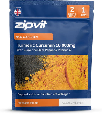 Zipvit Turmeric Tablets 10,000Mg Providing 95% Active Curcumin With Bioperine Black Pepper & Vitamin C, 60 Vegan Tablets, 1 A Day, 2 Month Supply