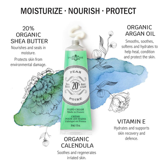La Chatelaine 20% Shea Butter Hand Cream, Travel Size 1 Fl Oz With Organic Argan Oil, Moisturizing, Nourishing, Repairing, Non-Greasy Formula, Made In France, Paraben Free - Pear