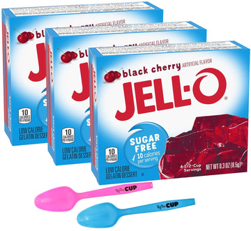 Sugar Free Black Cherry Jell-O Gelatin, 0.3 Ounces (Pack Of 3) With By The Cup Mood Spoons