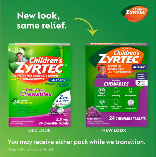 Zyrtec Children'S Dye-Free Chewables For 24 Hour Allergy Relief, 2.5 Mg Cetirizine Hydrochloride Antihistamine Tablets, Kids Allergy Medicine Relieves Sneezing & Itchy Throat, Grape, 24 Ct