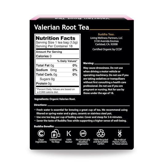 Buddha Teas - Organic Valerian Root Tea - Herbal Tea - For Health & Wellbeing - With Antioxidants & Minerals - Clean Ingredients - Caffeine Free - Ou Kosher & Non-Gmo - 18 Tea Bags (Pack Of 1)