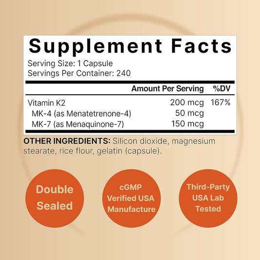 Naturebell Full Spectrum Vitamin K2 Supplement With Mk-7 & Mk-4, 200 Mcg, 240 Capsules | 2 In 1 Formula, K Vitamins Complex  Supports Bone, Joint, And Heart Health  Non-Gmo