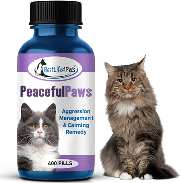 Bestlife4Pets Peaceful Paws Cat Calming Pills Aggression & Anxiety Management For Stress, Spraying, Territorial Behavior - Natural Calming Solution For Cats - Non-Drowsy Relief