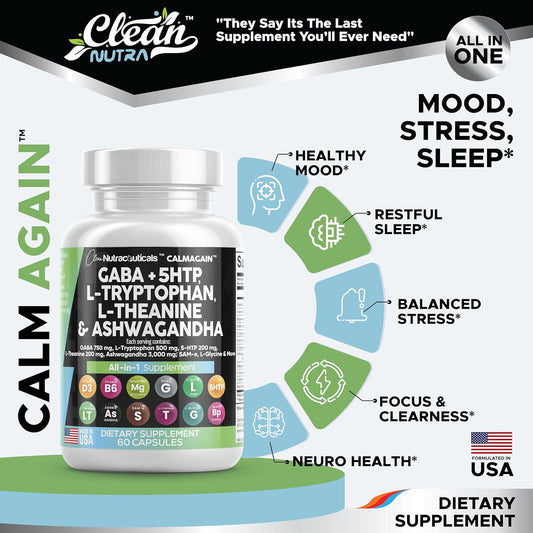 Clean Nutraceuticals Gaba 750Mg 5 Htp 200Mg L Tryptophan 500Mg L Theanine 200Mg Ashwagandha 3000Mg Sam-E L-Glycine - Mood Support Vitamins For Women And Men With L-Tyrosine - Made In Usa 60 Caps