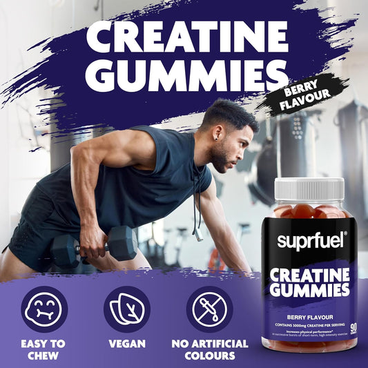 Suprfuel Creatine Gummies - 90 Vegan Berry Flavour Creatine Monohydrate Gummies - 3000Mg Creatine Monohydrate Per Serving - Supports Physical Performance & Muscle Growth - Convenient & Delicious