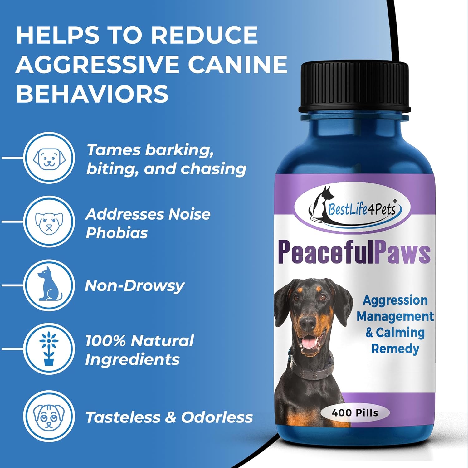 BestLife4Pets Peaceful Paws Dog Calming Pills Aggression Management for Biting, Attacking, Chasing & More - Homeopathic Solution for Dog Noise Anxiety & Behavior Issues - Non-Drowsy Treatment