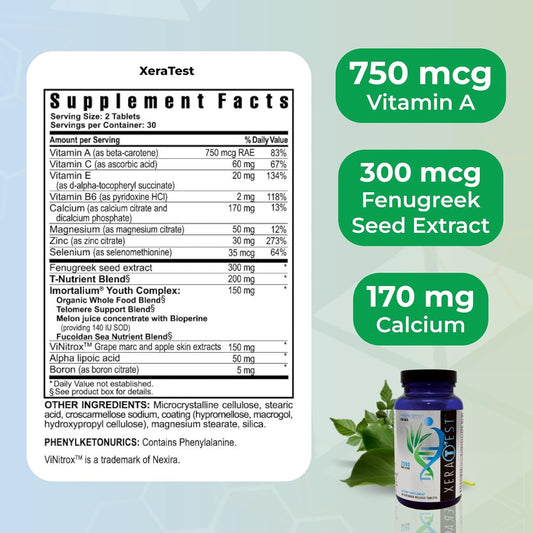 Youngevity Xeratest™ Hormonal Support For Men - Testosterone Support + Telomere Health - With Fucoidan Blend, Whole Foods, Fenugreek - Hormone-Free Botanical Supplement - (60 Extended Release Tablets)