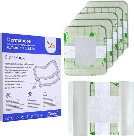 Ved Dermapore Waterproof Adhesive Wound Dressing- Suitable For Cuts And Grazes, Diabetic Leg Ulcers, Venous Leg Ulcers, Small Pressure Sores- Medium, 6 X 7Cm (Pack Of 5)