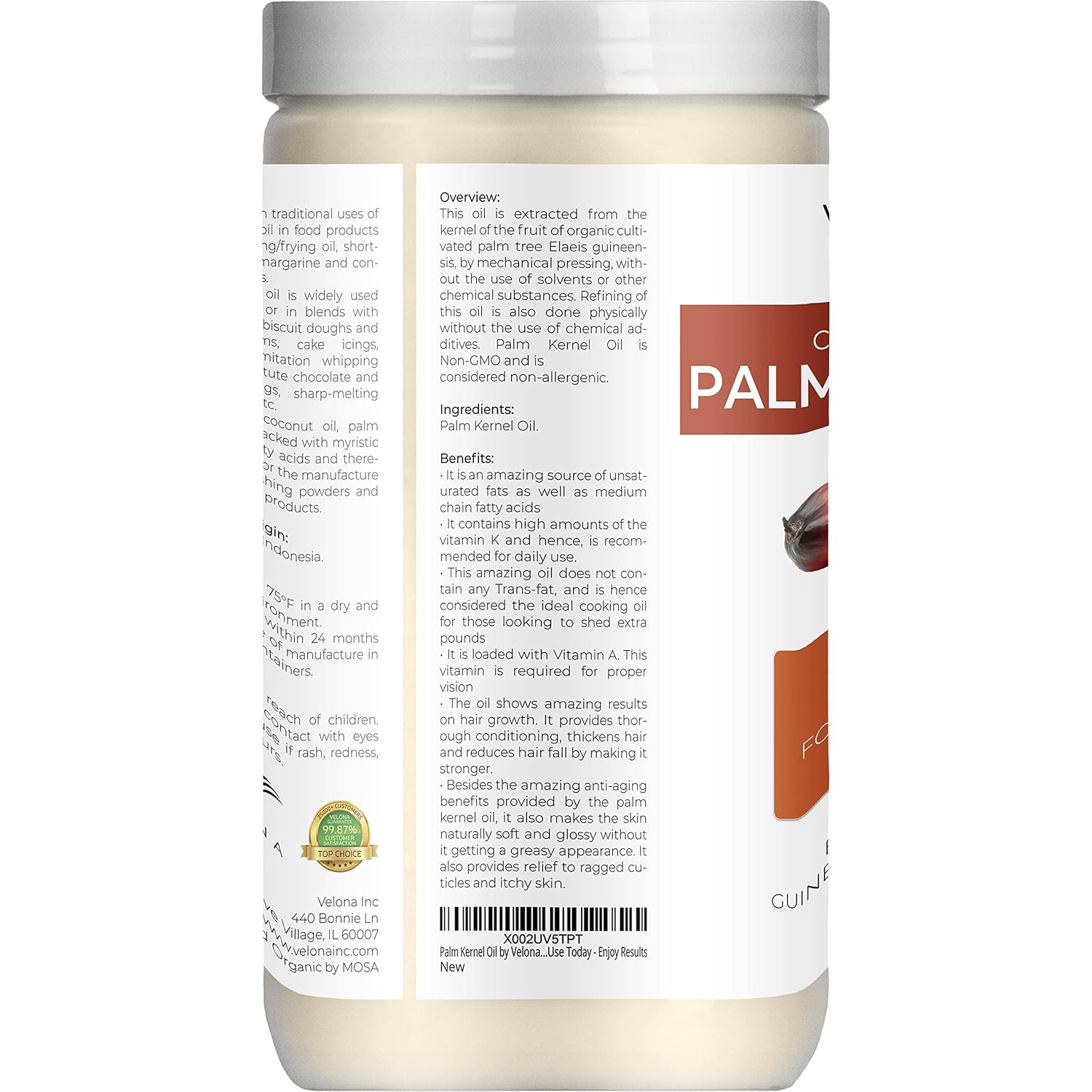velona USDA Certified Organic Palm Kernel Oil - 64 oz | 100% Pure and Natural Carrier Oil | Refined, Cold Pressed : Beauty & Personal Care