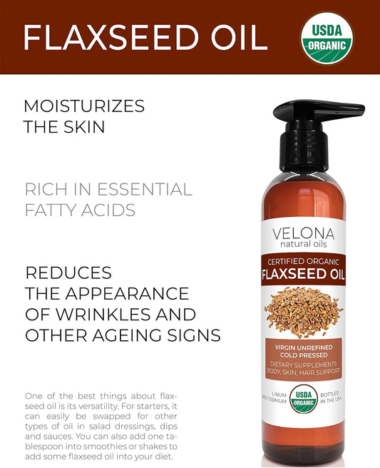 velona USDA Certified Organic Flaxseed Oil - 8 oz | 100% Pure and Natural Carrier Oil | Unrefined, Cold Pressed | Hair Growth, Body, Face & Skin Care | Use Today - Enjoy Resultsā¦