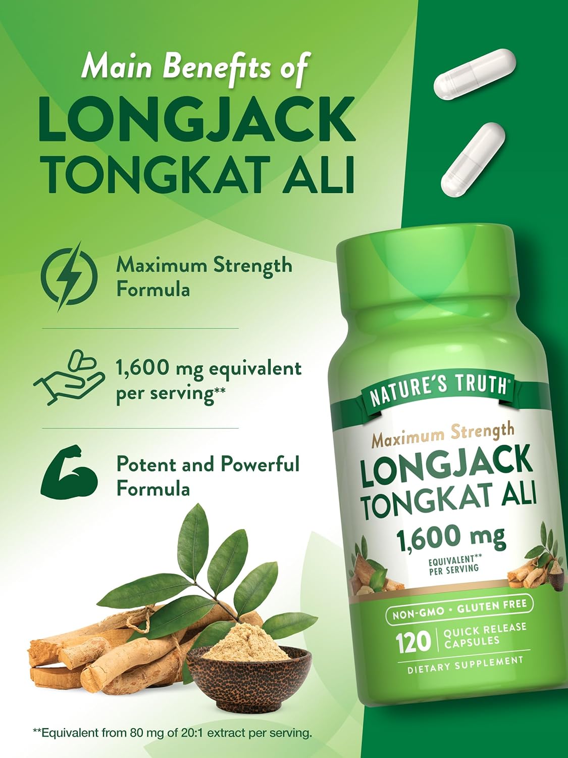 Nature's Truth Longjack Tongkat Ali | 1600mg | 120 Capsules | Max Strength Formula for Men | Non-GMO & Gluten Free Supplement : Health & Household