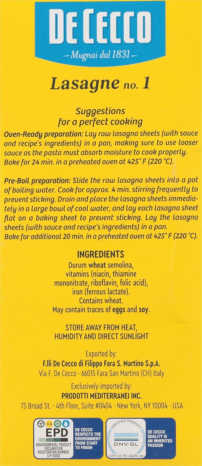 De Cecco Semolina Pasta, Lasagne No.1, 1 Pound : Grocery & Gourmet Food