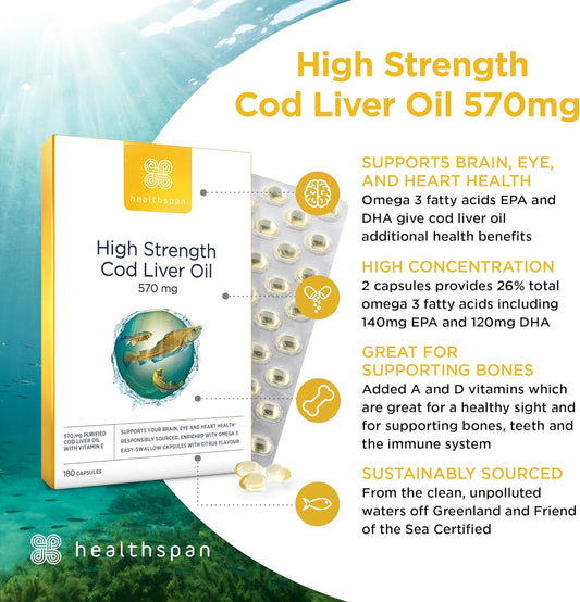 Healthspan Cod Liver Oil 570Mg | Support Your Brain, Heart, Eyes & Bones | 150Mg Omega 3 Fatty Acids Per Capsule (360 Capsules)