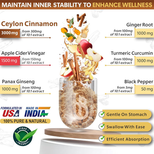 6In1 Premium Ceylon Cinnamon Supplements 7550Mg Plus Apple Cider Vinegar, Turmeric, Ginger, Panax Ginseng & Black Pepper For Daily Activities, Heart Health & Digestion - 100 Count