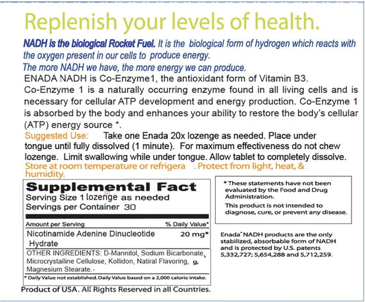 20 X Nadh Supplement | Boost Energy, Mental Focus, Stamina | Support Fatigue, Cell Regenerator | 20Mg Nadh 30 Lozenges (1 Per Serving) | Natural Energy Supplements For Women And Men