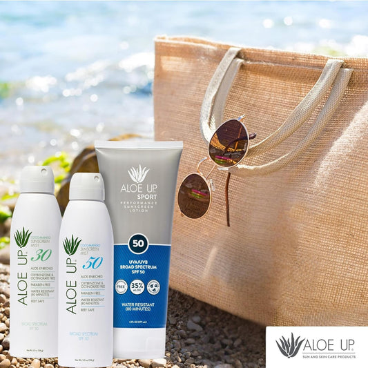 Aloe Up White Collection Sunscreen Spray Spf 50, White Collection Sunscreen Spray Spf 30, And Sport Sunscreen Lotion Spf 50 - Bundle With Face And Body Sunscreen Protector - Reef Friendly - 3 Items