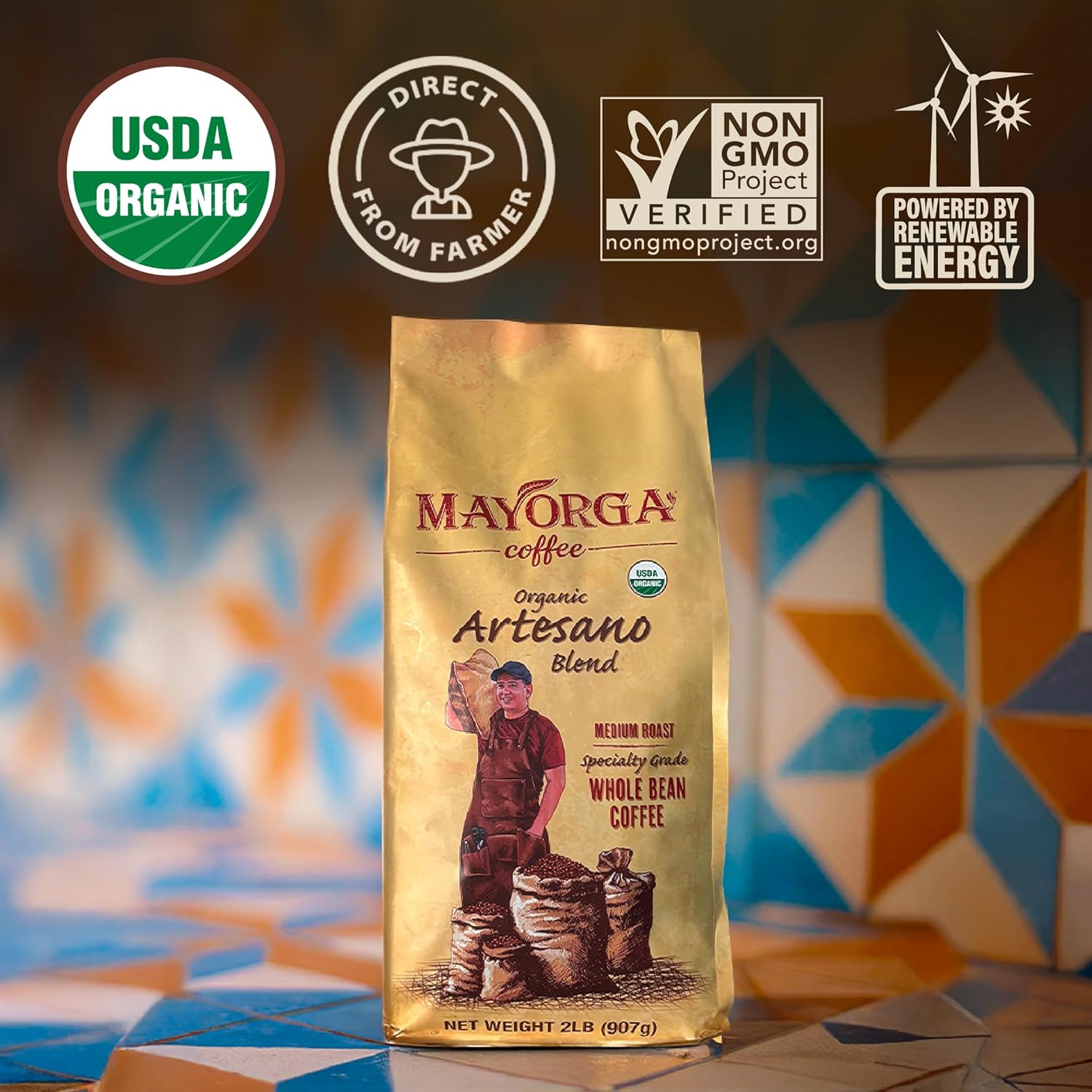 Mayorga Organic Coffee 2Lb Artesano Blend - Medium Roast Whole Bean Coffee Speciality Grade, 100% Arabica, Slow Roasted, Chocolate And Nutty Flavor With Low Acidity - Usda Organic, Non-Gmo, Kosher