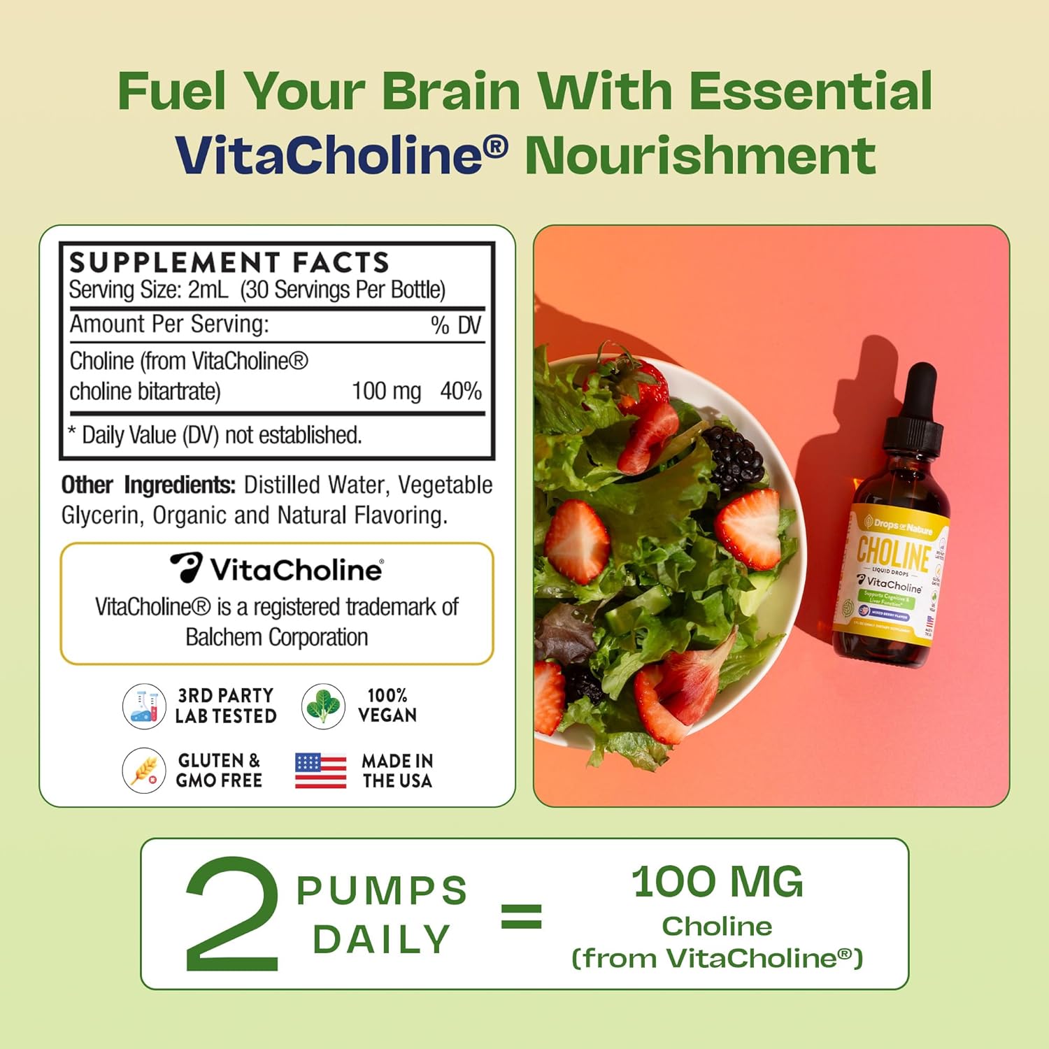 Choline Liquid Drops Supplement – Vegan, Gluten-Free, Gmo-Free, Easy Absorption Formula – With Essential Nutrients For Brain Health And Vitality – Complements Inositol Supplements (Mixed Berry, 60 Ml) : Health & Household